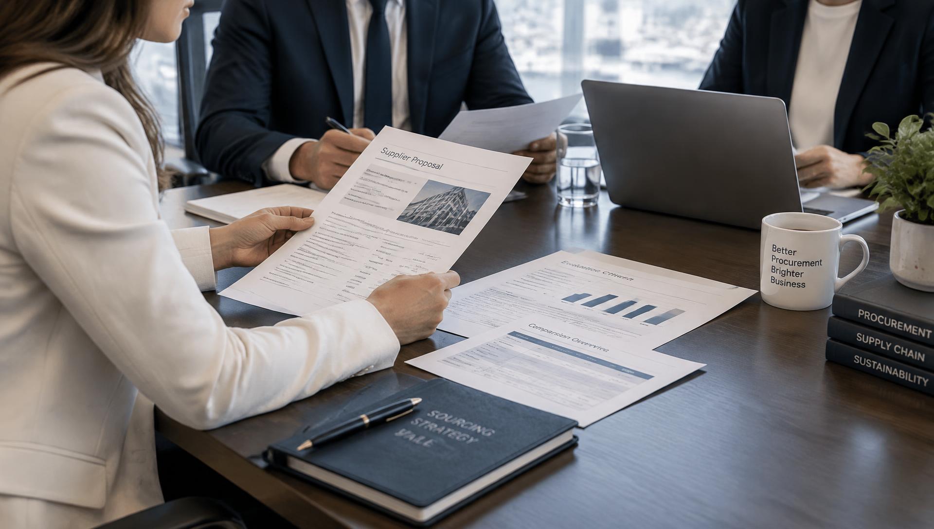 Consultants reviewing supplier proposals at a conference table